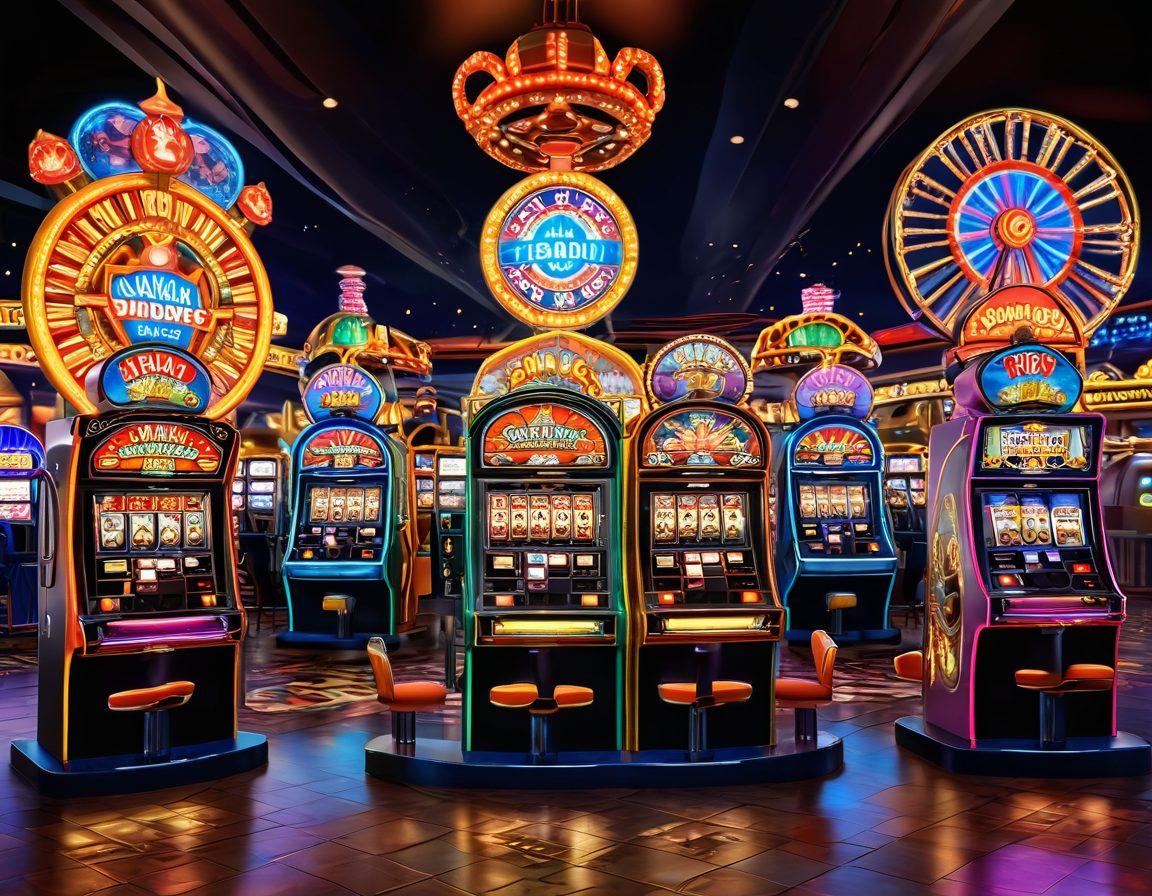 A dynamic casino scene featuring vibrant virtual slot machines with colorful screens displaying winning symbols and coins pouring out, surrounded by excited players celebrating their victories. Incorporate elements of amusement rides in the background, blending the thrill of theme parks with the allure of gambling. Use bright, electric colors to create a whimsical yet energetic atmosphere. super-realistic. vibrant colors. 3D.