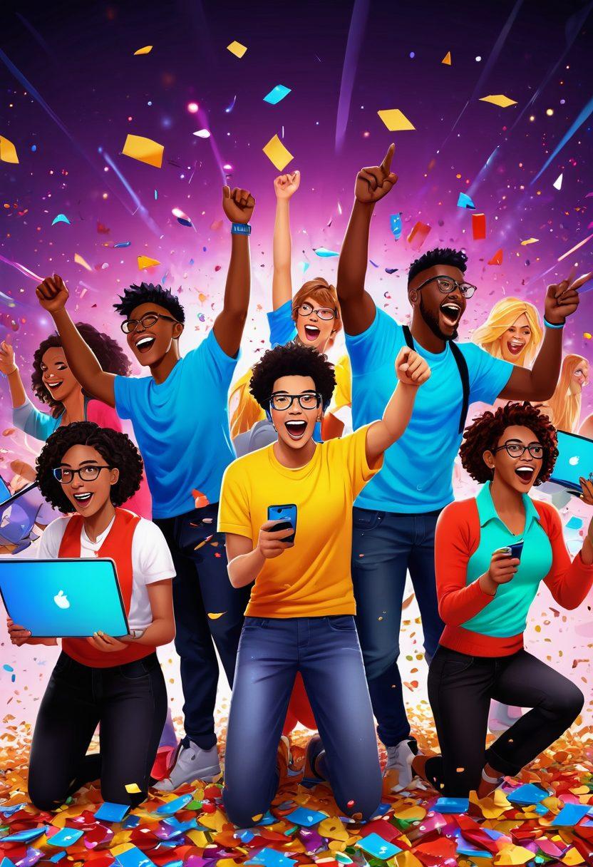 A vibrant illustration of diverse people celebrating a big online gaming win, surrounded by colorful confetti and digital screens showing exciting game graphics. Include elements like glowing betting chips and playful avatars that convey the thrill of gaming. The background should be lively and engaging, depicting a virtual gaming world bustling with energy. super-realistic. vibrant colors. dynamic composition.
